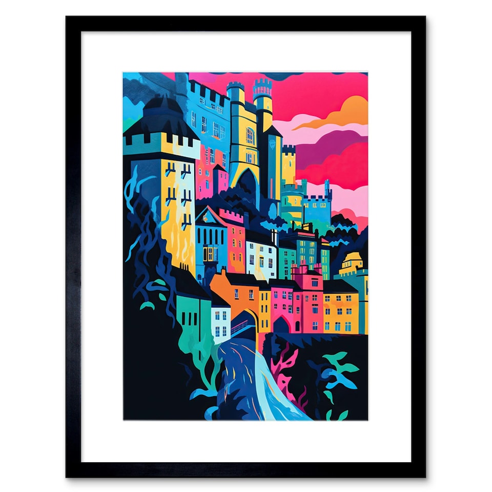 image 1 of Nottingham City Vibrant Abstract Pop Cityscape 9x7" Black Framed Wall Art Print