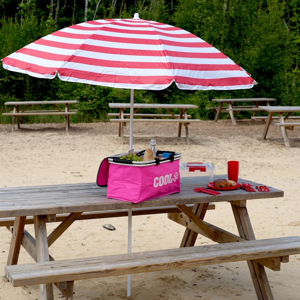 image 1 of The Magic Toy Shop Beach Parasol Red Striped Tilting Height Adjustable Portable Sun Shade