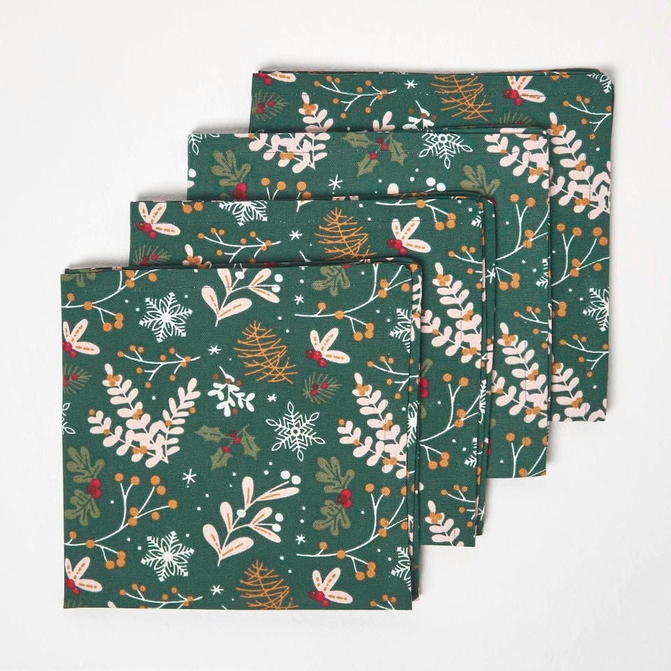 image 1 of Homescapes Festive Forest Green Christmas Napkins - Set of 4 | Green | One Size | 1