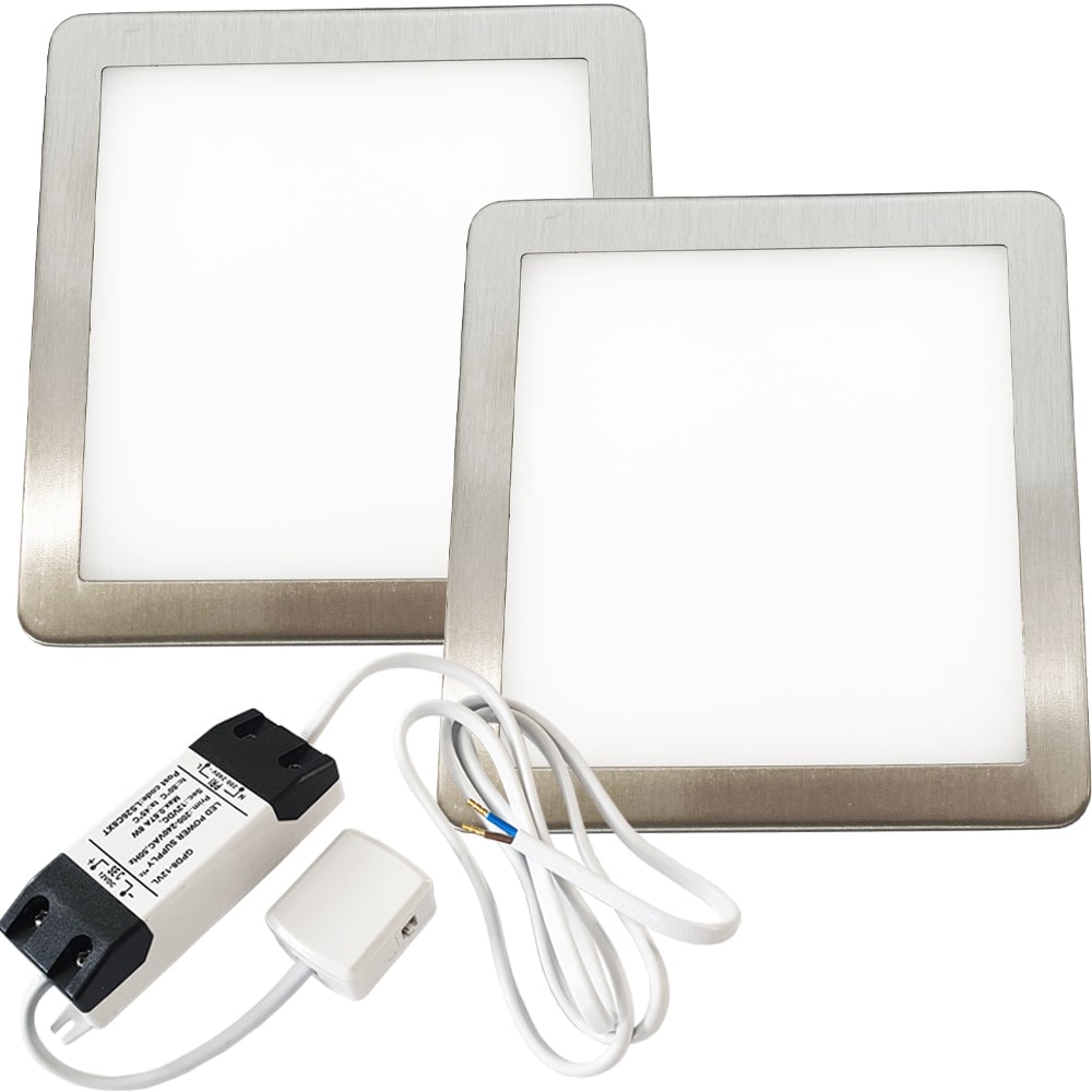 Loops 2x BRUSHED NICKEL Ultra-Slim Square Under Cabinet Kitchen Light & Driver Kit - Natural White Diffused LED in Metallics