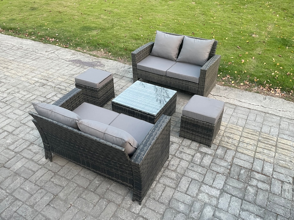 image 1 of Fimous Rattan Garden Furniture Set 5 piece Patio Rattan Furniture Sofa Weaving Wicker includes 2 Double Seat Sofa, Coffee Table and 2 Small Footstools