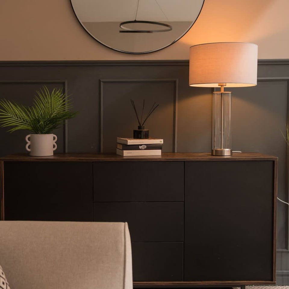 image 1 of ValueLights Balan Brushed Chrome Table Lamp Grey Shade