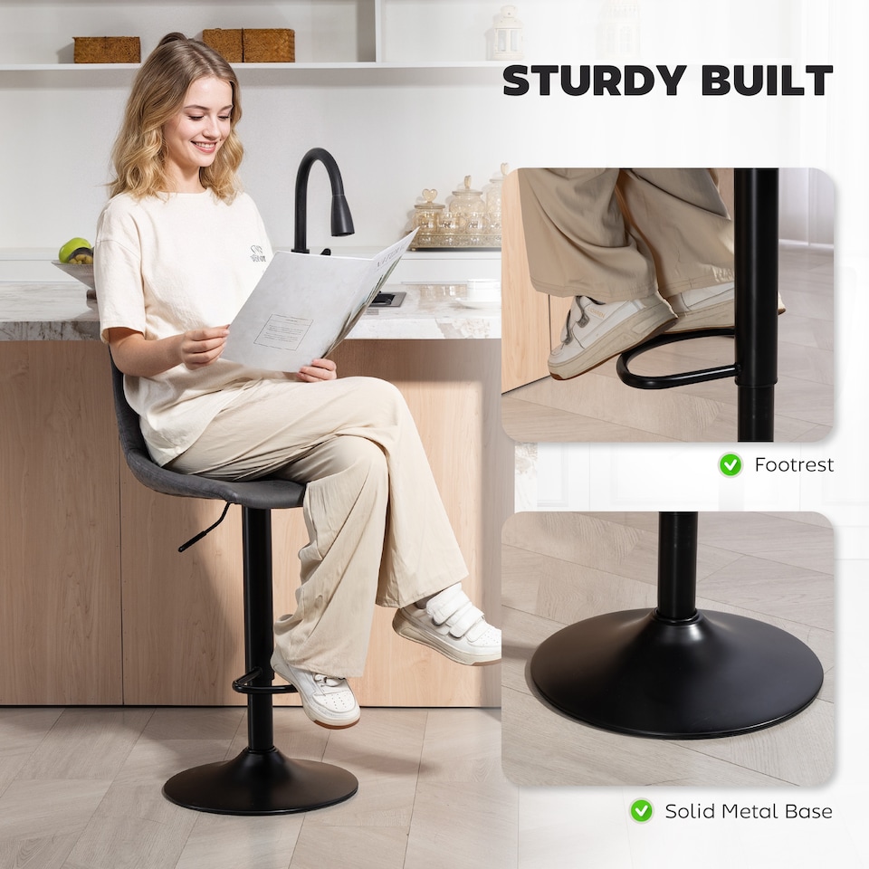 image 1 of HOMCOM Modern Bar Stools Set of 2, Height Adjustable Swivel Bar Chairs with Backrest, Gas Lift and Footrest, Leathaire Barstools for Breakfast Counter, Kitchen Island, Charcoal Grey | Grey | Charcoal grey