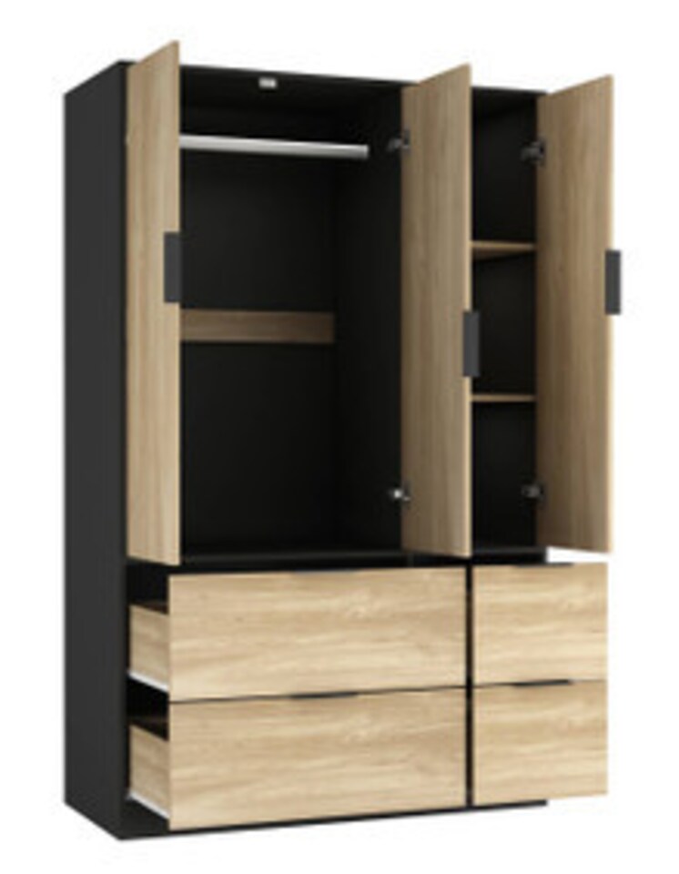 image 1 of FUJI 3 Door 4 Drawer Wardrobe | Black | Black & Oak | 117 x 55 x 8.5 | 1