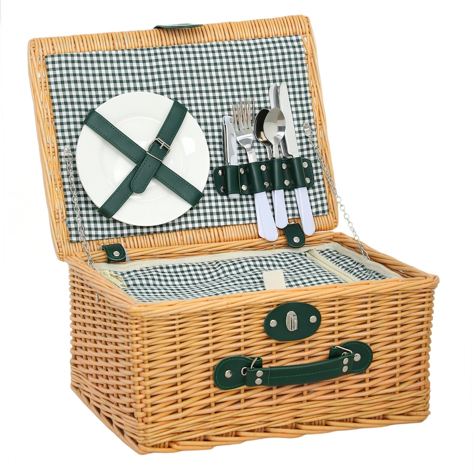 image 1 of Outsunny Wicker Picnic Basket for 2 w/ Insulated Cooler Bag, Light Brown