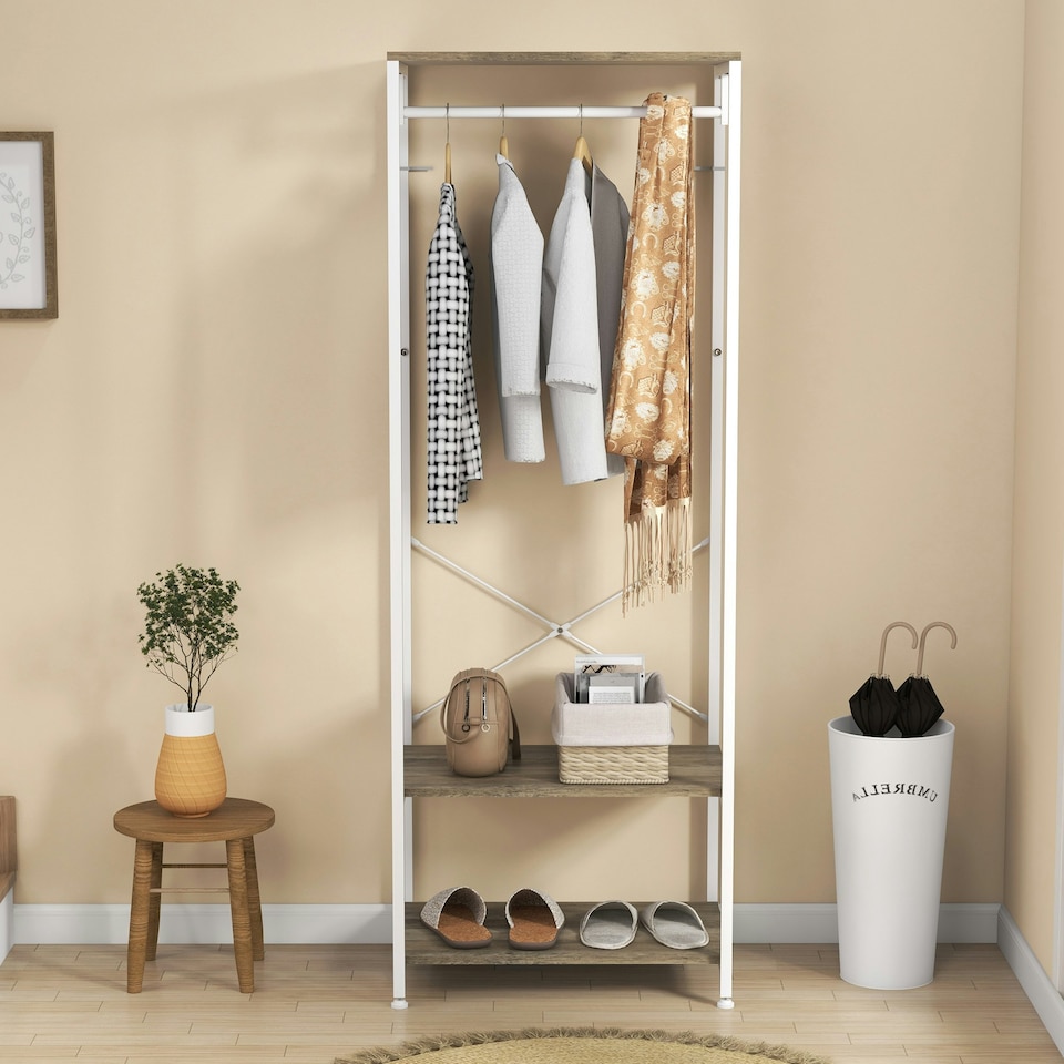 image 1 of HOMCOM Coat Rack, 2-in-1 Clothes Stand with Shoe Storage for Hallway, Grey