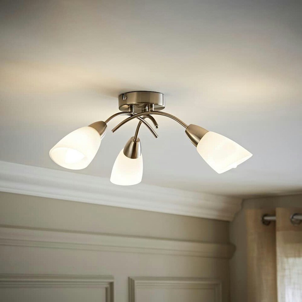 image 1 of ValueLights Barine Brushed Silver Semi-Flush Light and E14 Golfball LED 4W Warm White 3000K Bulb