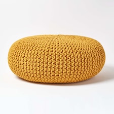 Homescapes Mustard Large Round Cotton Knitted Pouffe Footstool | Yellow | 70 x 23 cm
