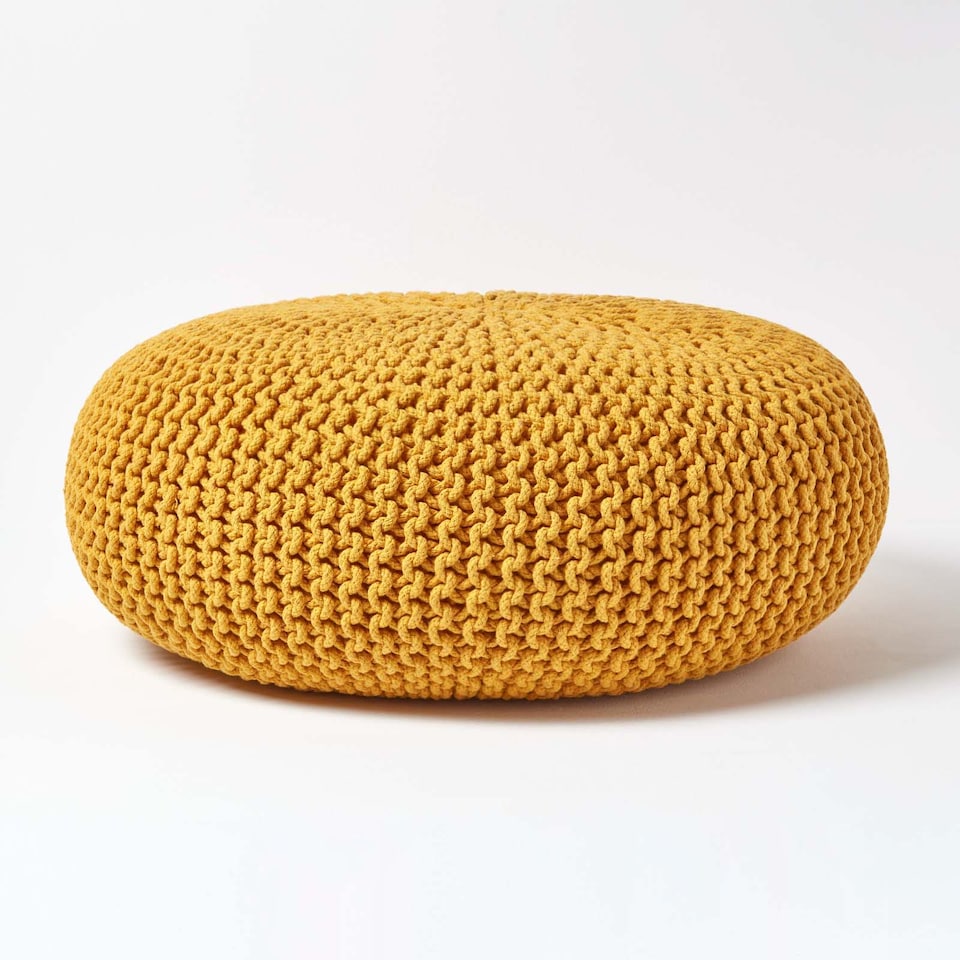 image 1 of Homescapes Mustard Large Round Cotton Knitted Pouffe Footstool | Yellow | 70 x 23 cm