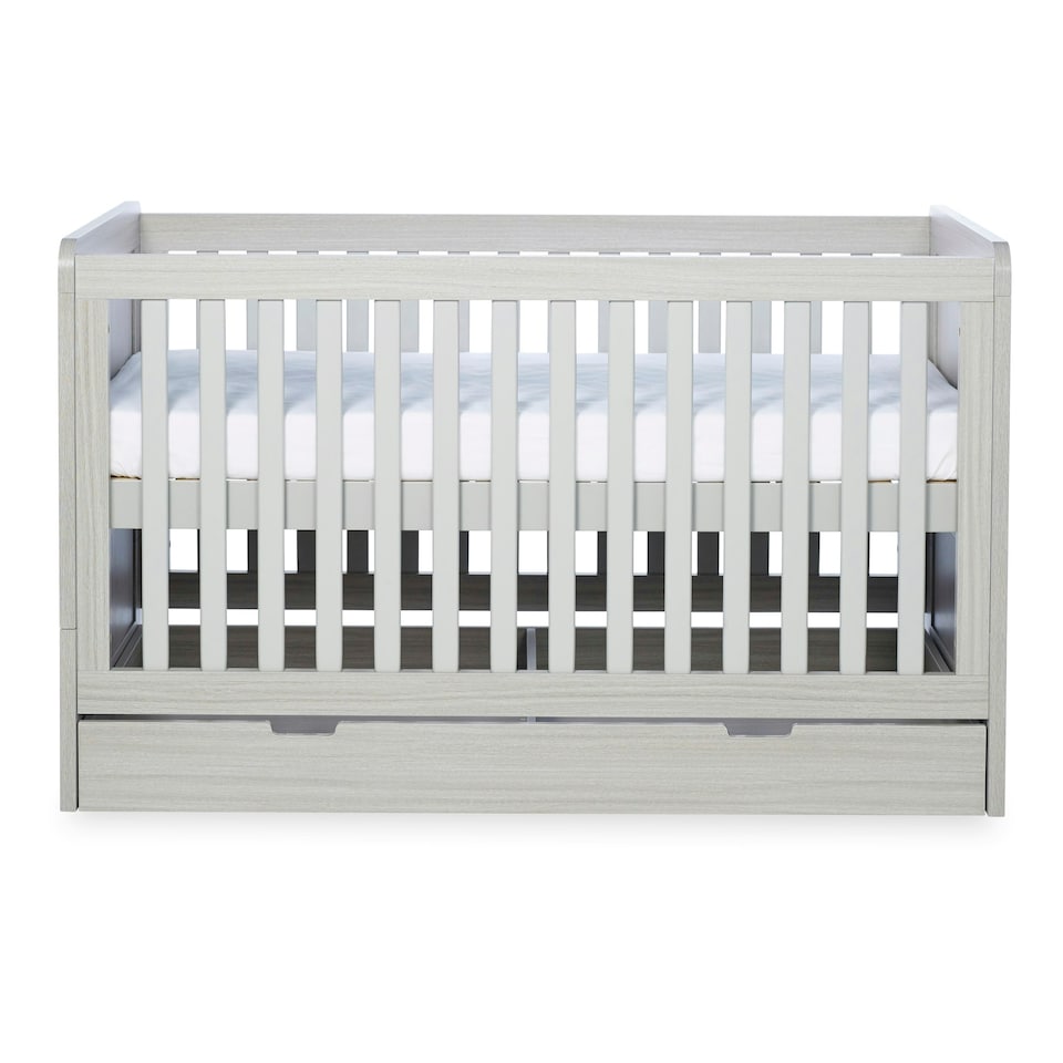 image 1 of Pembrey Cot Bed, Under Drawer & Premium Sprung Mattress - Convertible, Adjustable Mattress Base, Birth to 4 Years (Ash Grey)