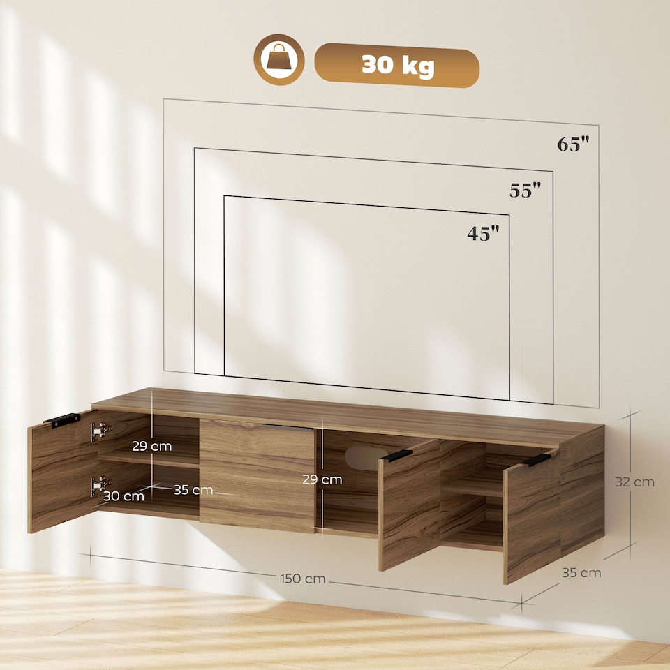 image 1 of HOMCOM Floating TV Unit, 150 cm Wall Mounted TV Stand Cabinet with Shelves and Doors, Entertainment Media Console for Living Room, Bedroom, Rustic Brown