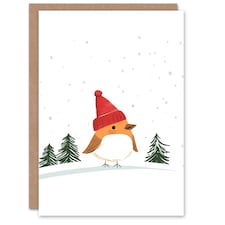 Greeting Card Robin Bird Wearing Winter Hat Snowy Landscape Blank For Him Or Her Art Xmas Christmas Card