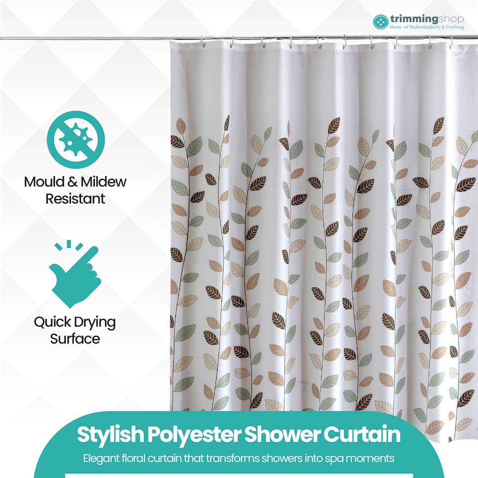 image 1 of Leaves Design Waterproof Shower Curtain with 12 Hooks - 180x200cm