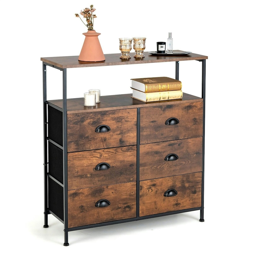 image 1 of COSTWAY 6 Drawers Dresser Organizer 2-Tier Fabric Storage Brown