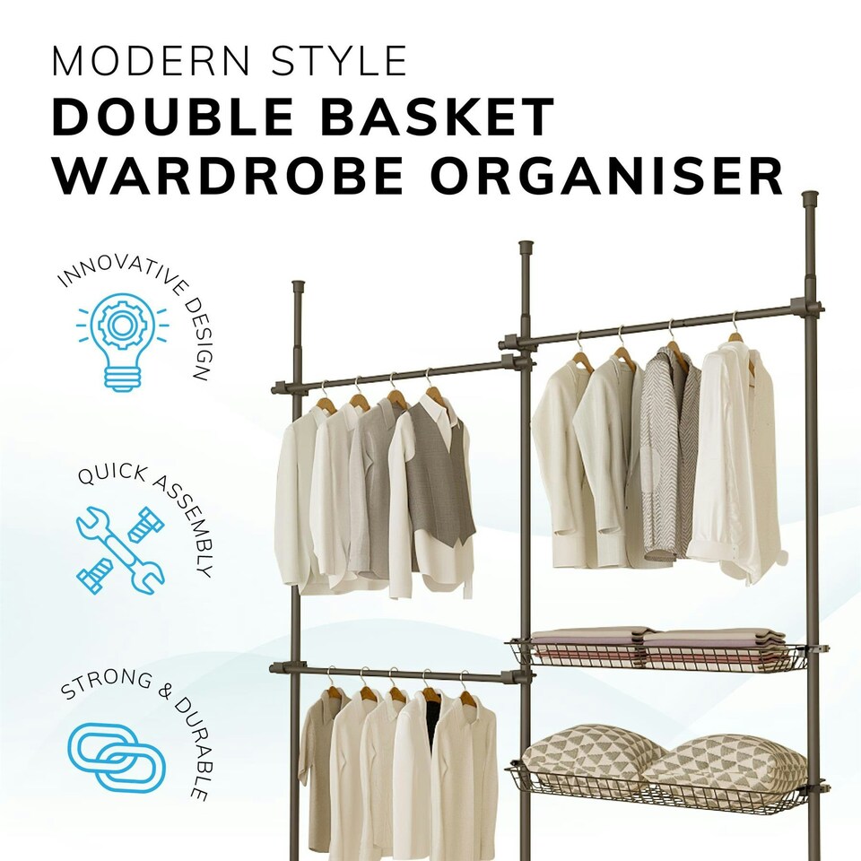 image 1 of Telescopic Wardrobe Organiser Double Black Rail Clothes Rack Baskets Storage Black | One Size
