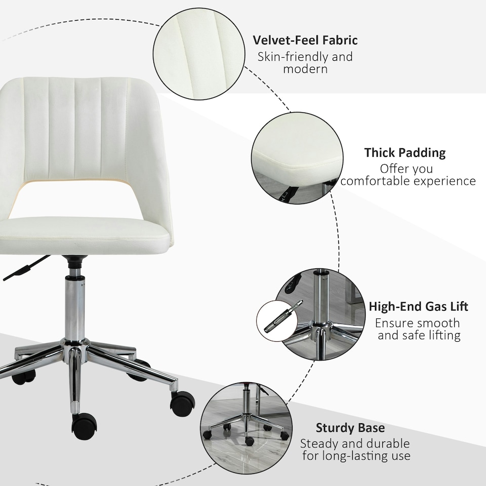 image 1 of Vinsetto Mid-Back Swivel Home Office Chair Scallop Computer Chair Cream White