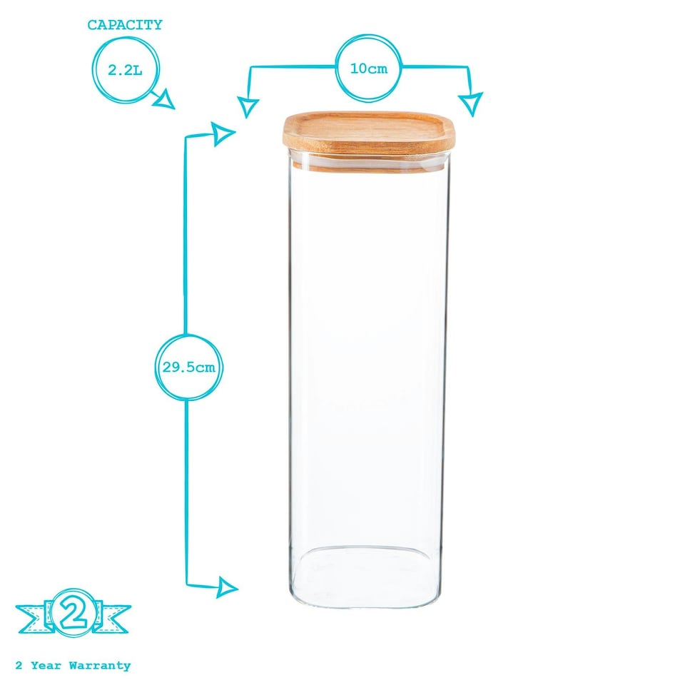 image 1 of Argon Tableware Square Glass Storage Jars with Wooden Lids - 2.2 Litre - Pack of 3