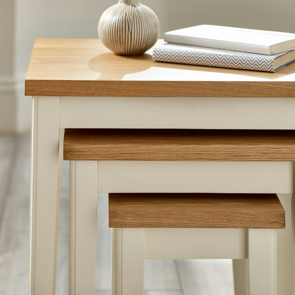 image 1 of Furniturebox Eden Oak and Cream 3x Wooden Nesting Tables