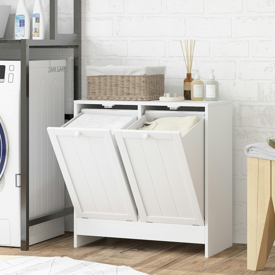 image 1 of kleankin Tilt-out Laundry Storage Cabinet with 2 Compartment Hampers, White