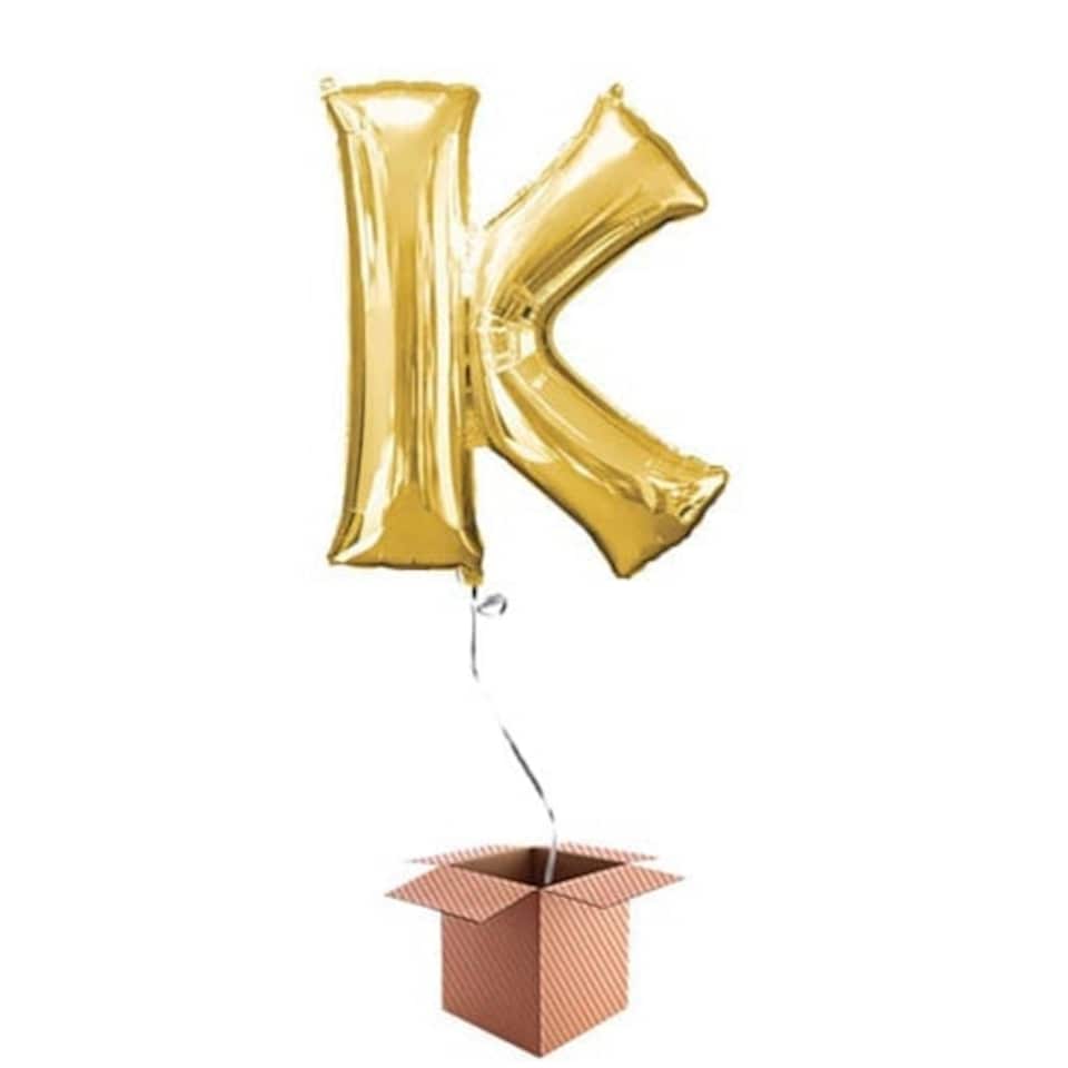 Gold Letter K Helium Foil Giant Balloon - Inflated Balloon in a Box