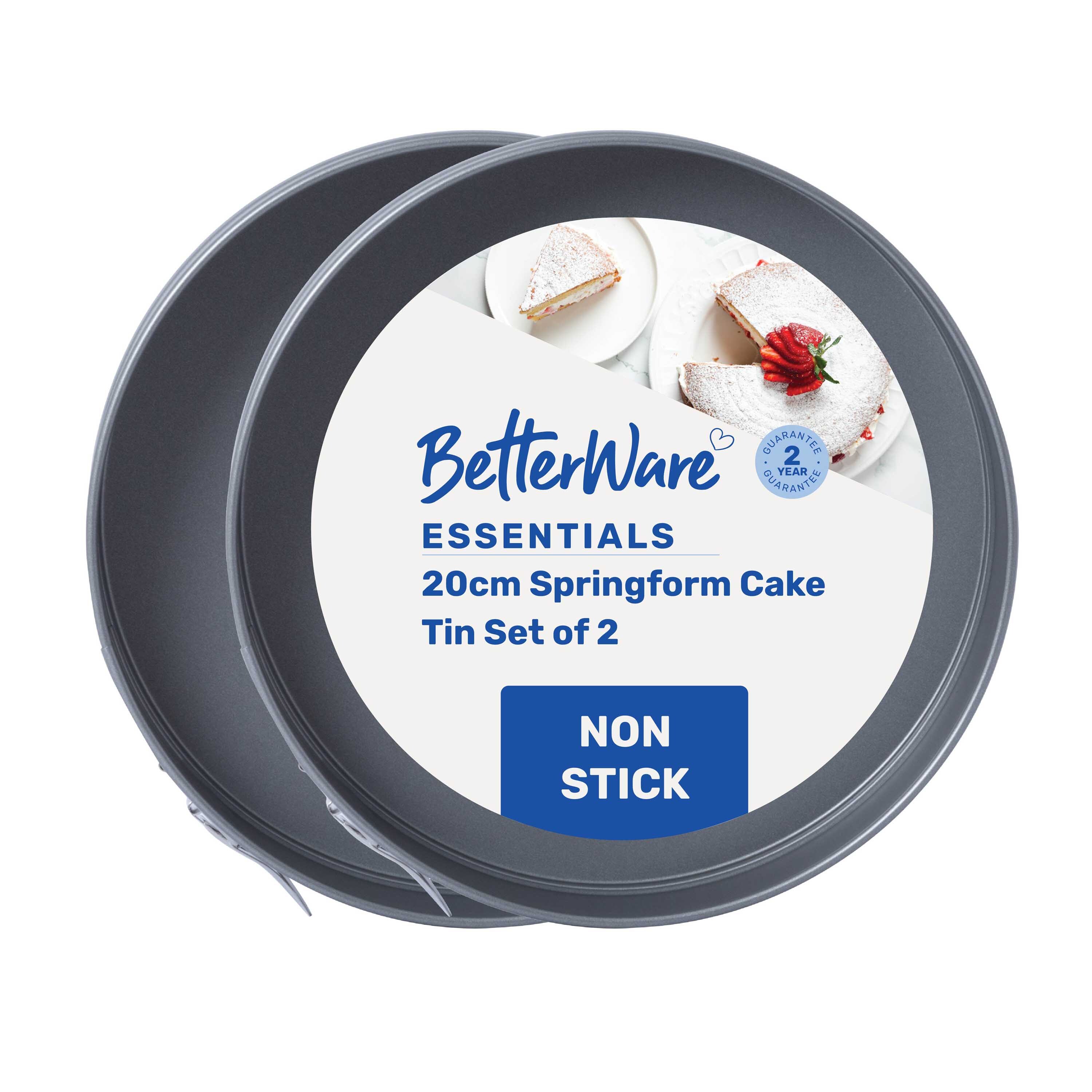 Betterware Essentials 2 x 20cm Non-Stick Springform Cake Tins in Silver | Size: 2 x 20 cm