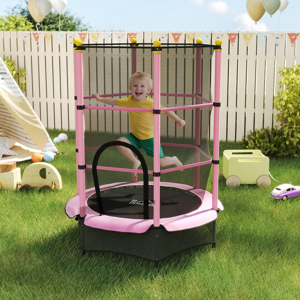 image 1 of HOMCOM 4.6FT Kids Trampoline with Safety Enclosure for Ages 3-10 Years | Pink | Pink