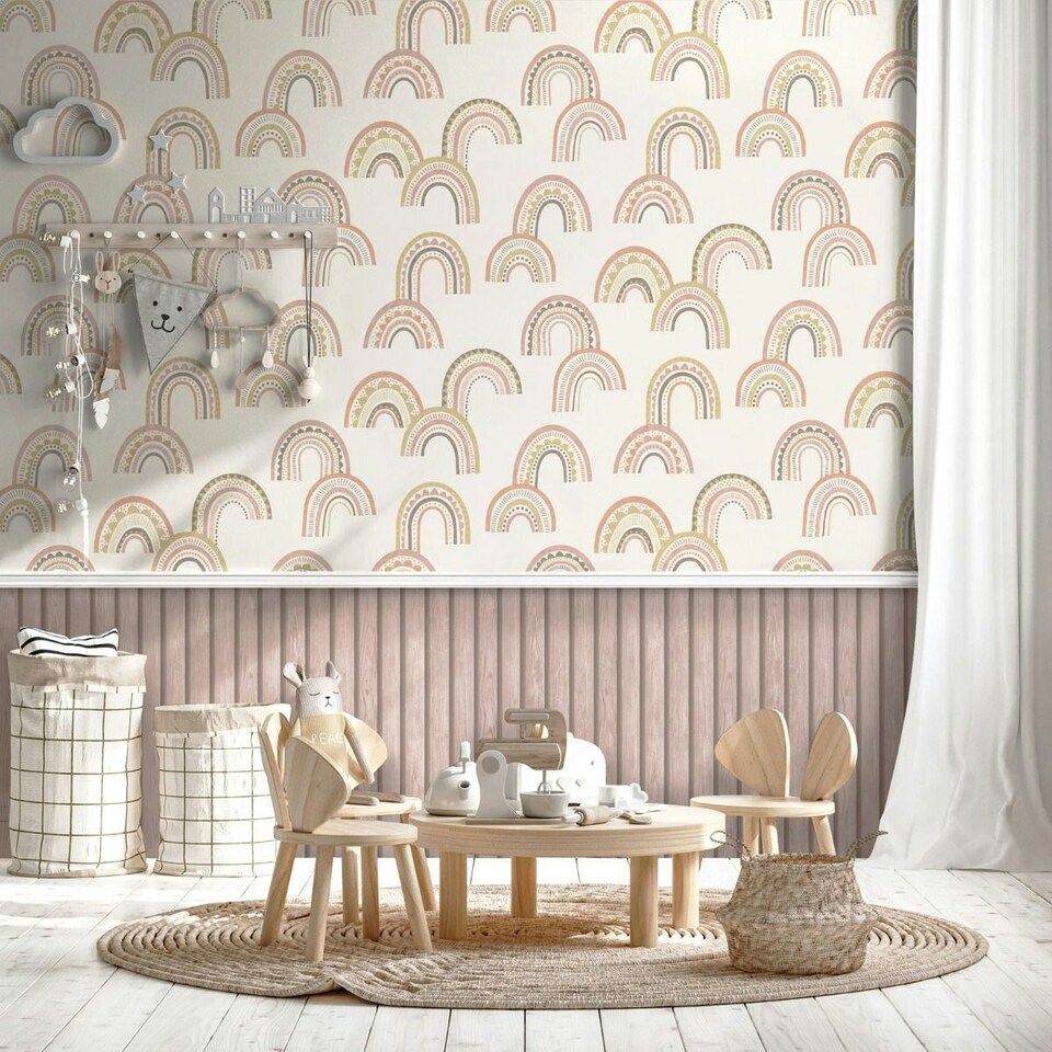 image 1 of Holden Décor Boho Rainbow Wallpaper - Blush/Orange - 10m x 53cm Pink