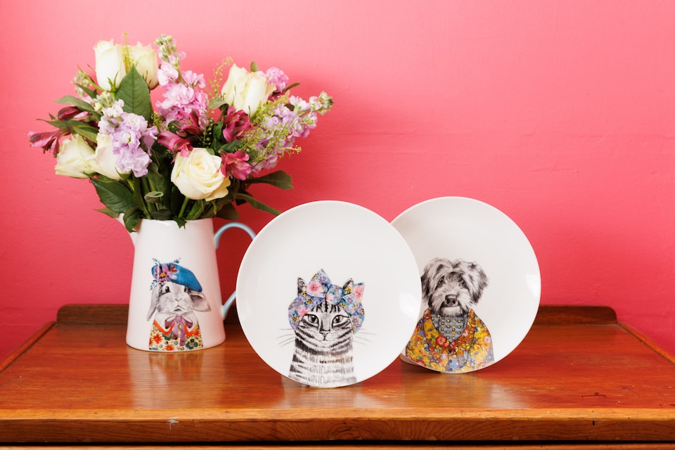 image 1 of Mikasa TipperleyHill Set of 2 Fine China Side Plates with Cat and Dog Prints
