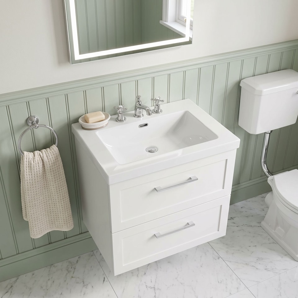 image 1 of Balterley Stonnall Traditional Wall Hung 2 Drawers Vanity Unit with 3 Tap Hole Fireclay Basin, 600mm, Matt White