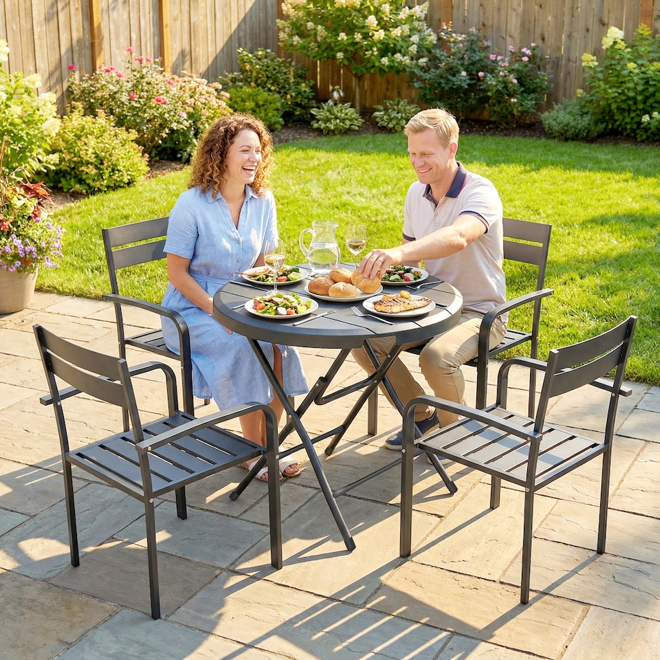 image 1 of Outsunny Round Garden Dining Table for 4, Foldable Outdoor Table for Garden