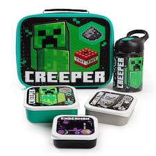 Minecraft Lunch Bag | Kids Creeper Skeleton Enderman 5 Piece School Dinner Bag, BPA Free Water Bottle & 3 Snack Pots | Green Gamer Drink Food Containers