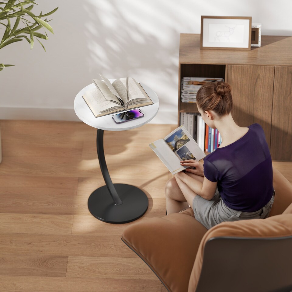 image 1 of HOMCOM C Shaped Side Table, Round Bedside Table with Marble Effect Top, Modern Coffee Table Sofa End Table with Metal Frame for Living Room Bedroom Office, White