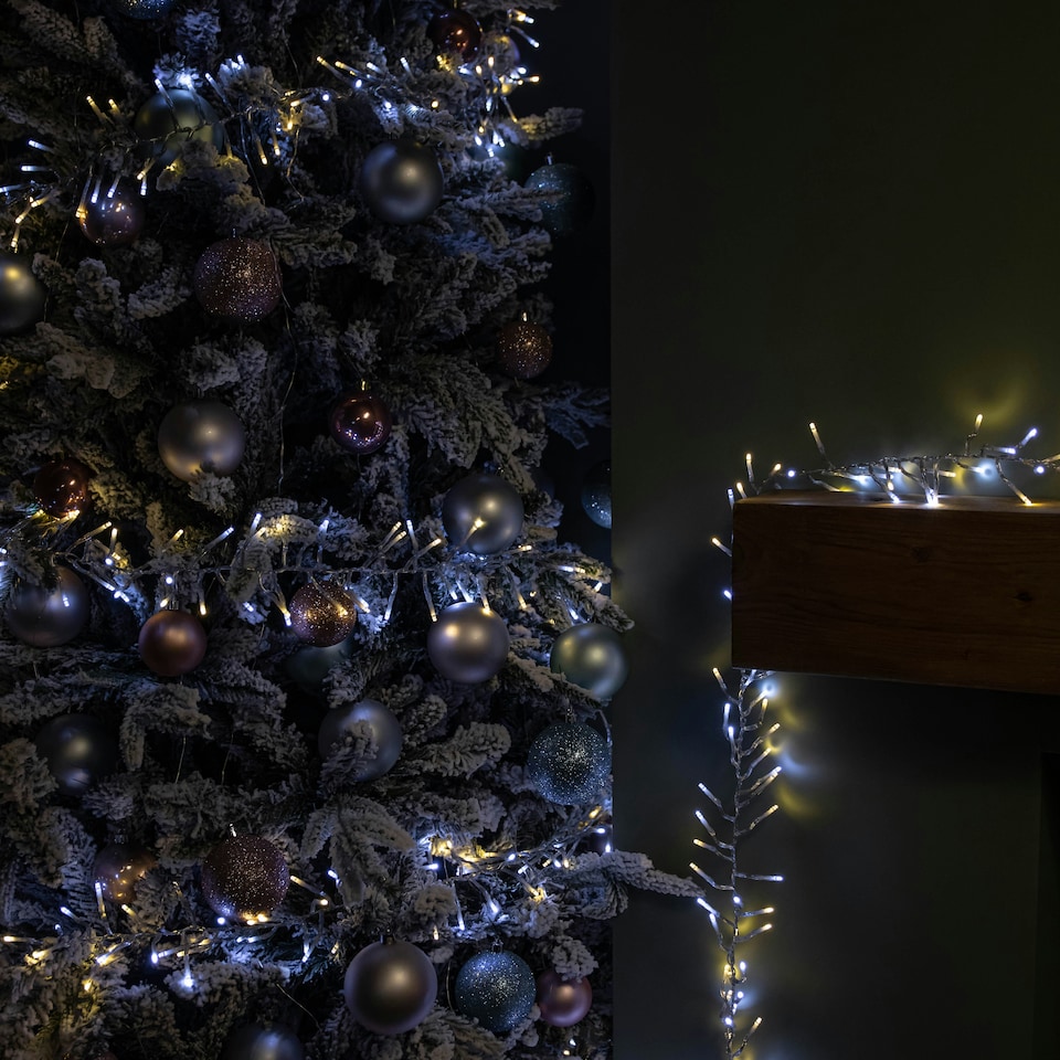 image 1 of 12.4m 960 LED ClusterBrights Christmas Lights with Timer in Warm & Cool White Clear Cable