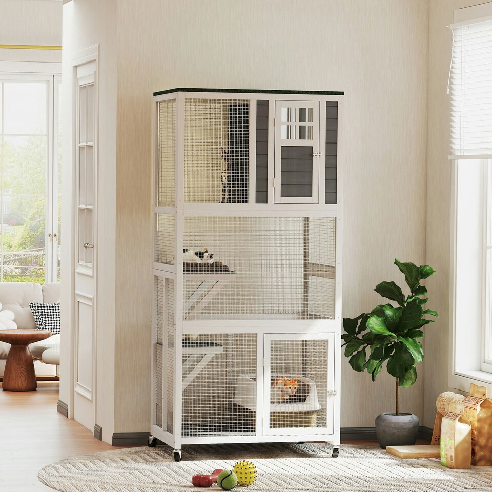 image 1 of PawHut Wooden Cat House with Asphalt Roof, Cat Cage for Multiple Cats White White | Dark grey