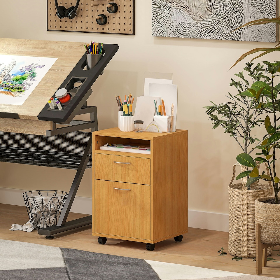 image 1 of HOMCOM 60cm Filing Cabinet with Drawers and Open Shelf, Natural