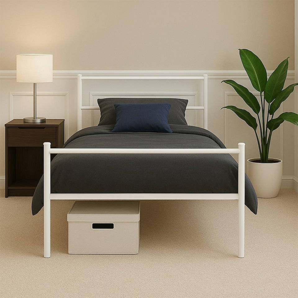 image 1 of Single Bed Frame Metal Rounded Headboard Easy Assembly Under Bed Base Storage Space White