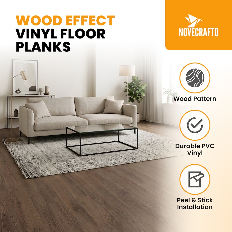 image 1 of Self Adhesive Floor Planks | 5.9x35.9in (91.4x15.2cm) Each | Peel & Stick Vinyl Flooring | Brown Wood Effect | Easy DIY | Stick On Tile for Home Floors | Brown | 2.78 sqm