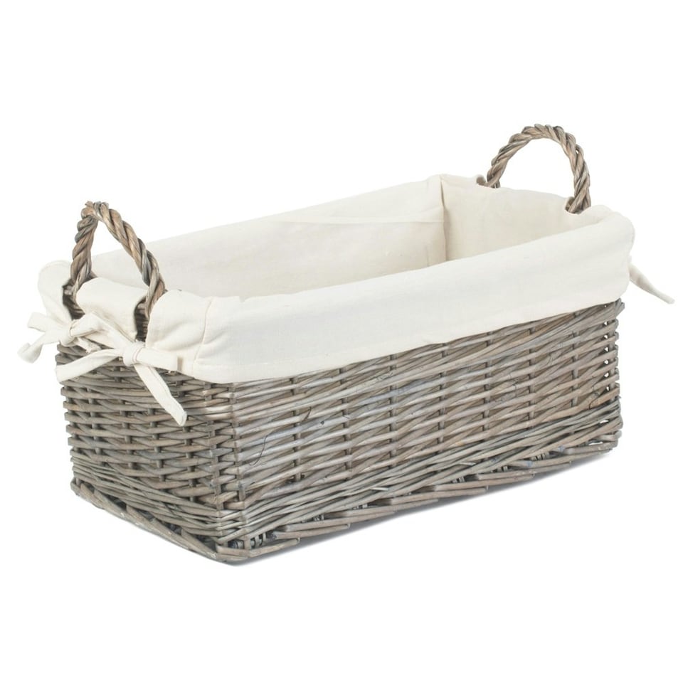 image 1 of Medium Shallow Antique Wash Lined Storage Wicker Basket | White | White