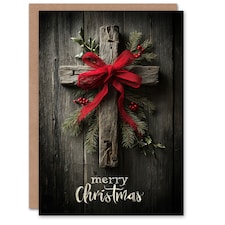 Christmas Card Wooden Cross With Pine Holly and Red Bow