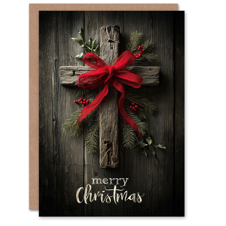 image 1 of Christmas Card Wooden Cross With Pine Holly and Red Bow