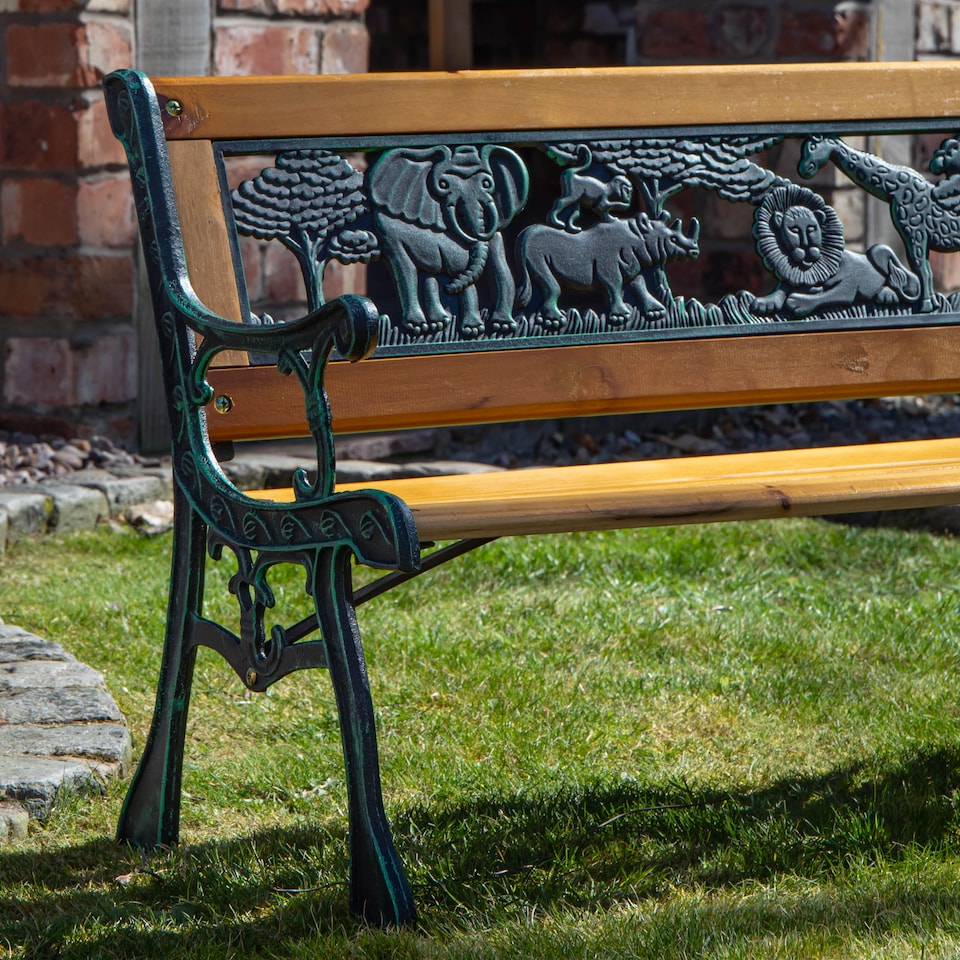 image 1 of Kids 2 Seater Wooden & Cast Iron Garden Patio Childrens Bench with Animal Design