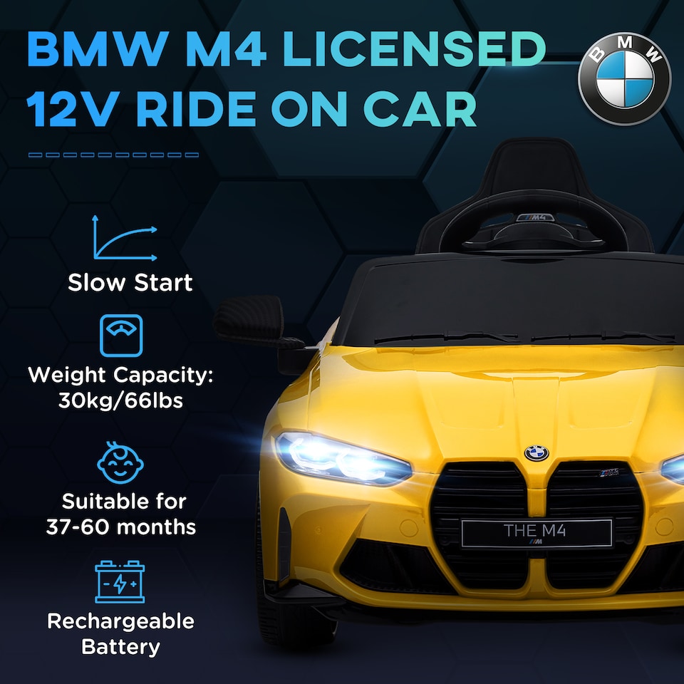 image 1 of AIYAPLAY BMW M4 Licensed Electric Car for Kids, 12V Kids Electric Ride on with Remote Control, Suspension, Music, Horn, LED Lights, for Ages 3-5 Years, Yellow
