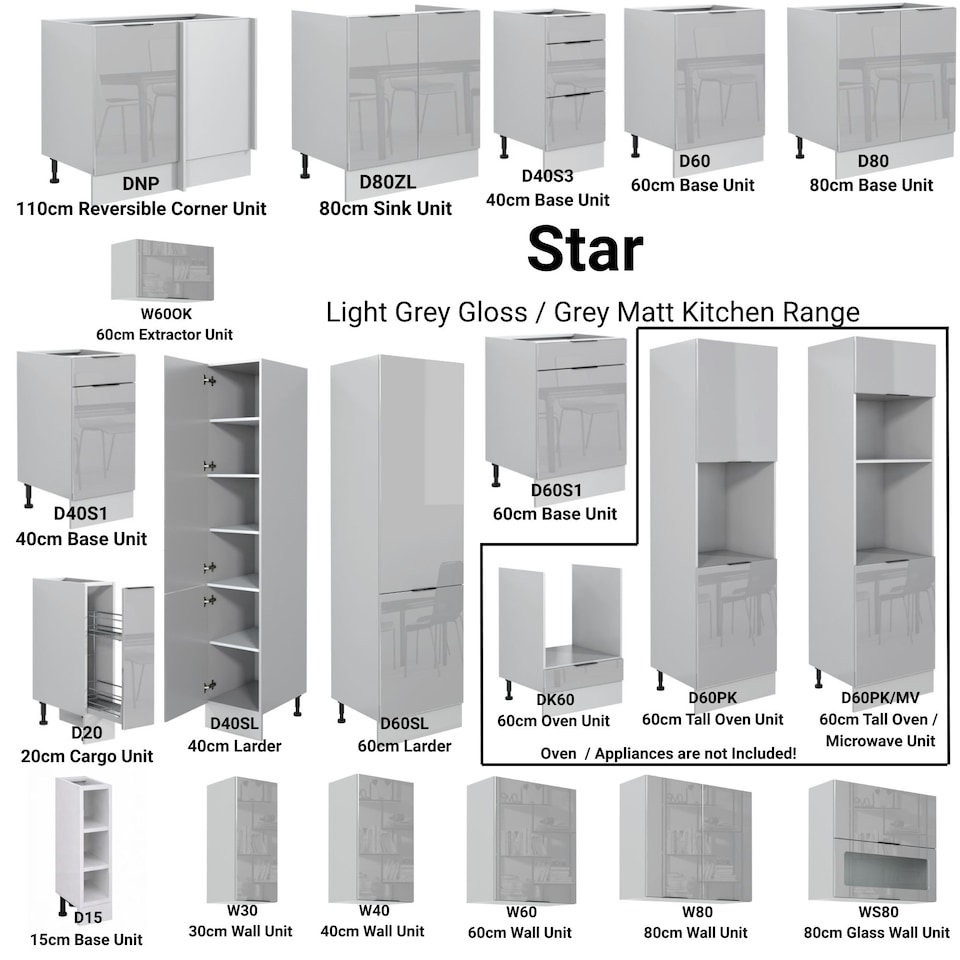 image 1 of Kitchen Cabinet Pull Out Storage Basket 200mm Unit Modern Grey Gloss Base Storage Cupboard Star