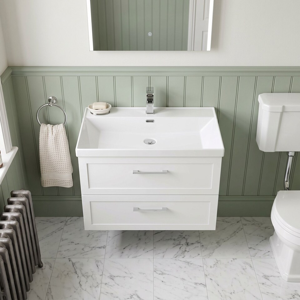image 1 of Stonnall Traditional Wall Hung 2 Drawers Vanity Unit with Thin-Edge Ceramic Basin, 800mm, Matt White