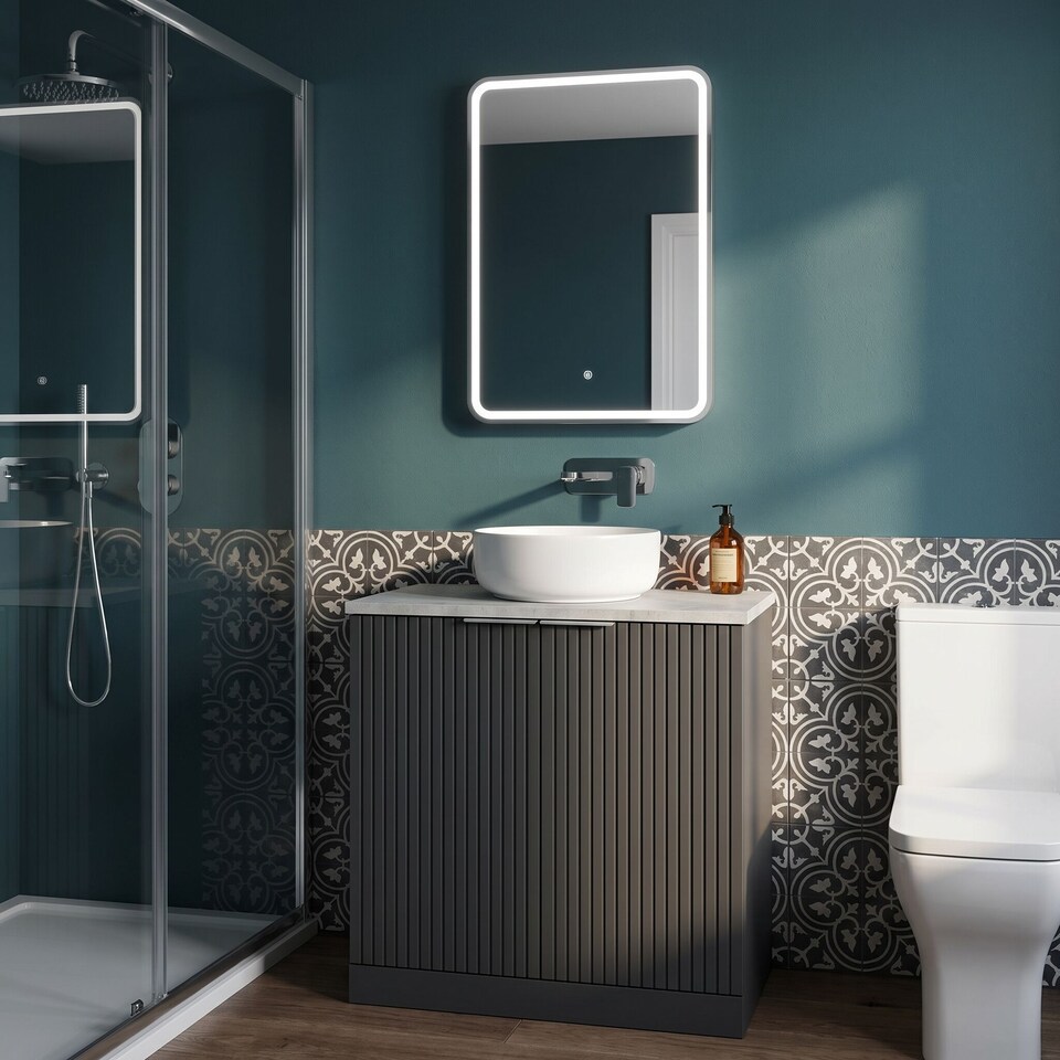 image 1 of Balterley Callingwood Contemporary Floor Standing 2 Door Vanity Unit with Bellato Grey Laminate Worktop , 800mm, Dark Grey