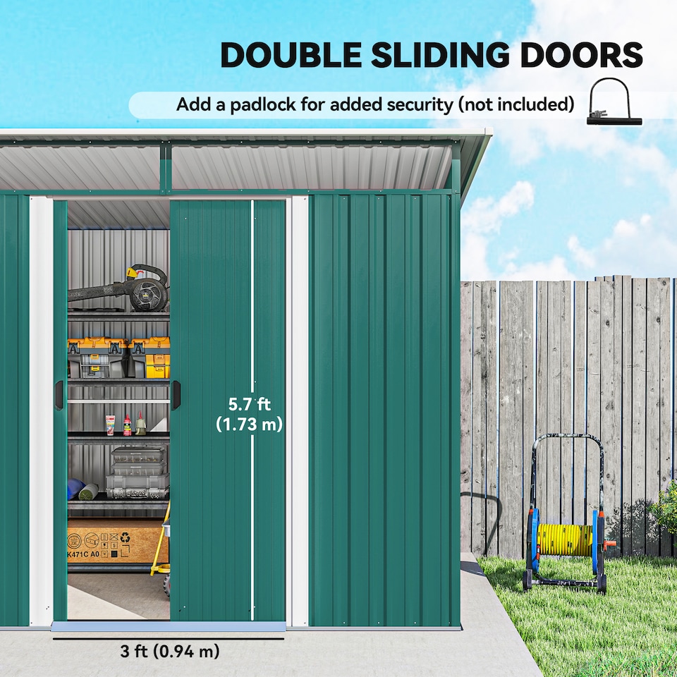 image 1 of Outsunny 8.5 x 6ft Metal Shed with Lightsky Panels, Garden Storage Tool House with Double Doors for Garden, Patio and Lawn, Green