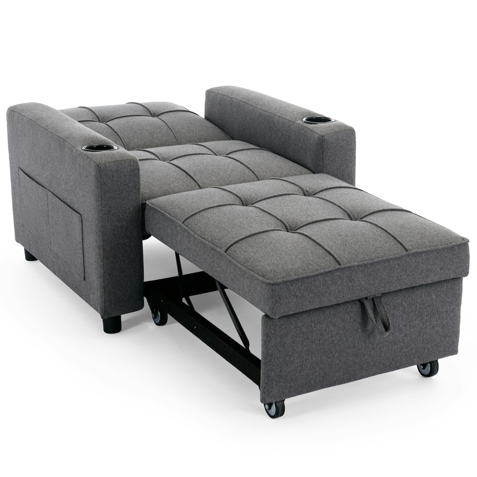 image 1 of Hudson 1-Seater Sofa Bed Linen Fabric with Cup Holders (Grey)