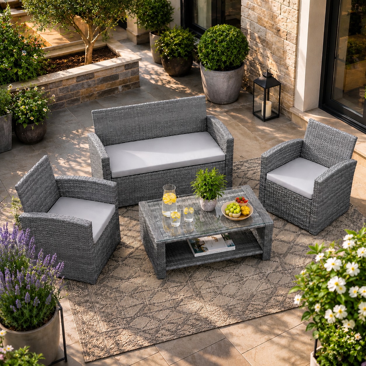 4 Seater Rattan Garden Furniture Set - 2 Chairs, Loveseat Sofa, Coffee Table Outdoor Patio Set
