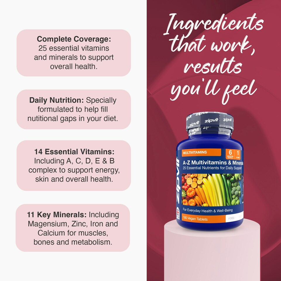 image 1 of Zipvit A-Z Multivitamin – Immune, Energy & Bone Support, 25 Essential Nutrients, 180 Vegan Tablets, 6-Month Supply