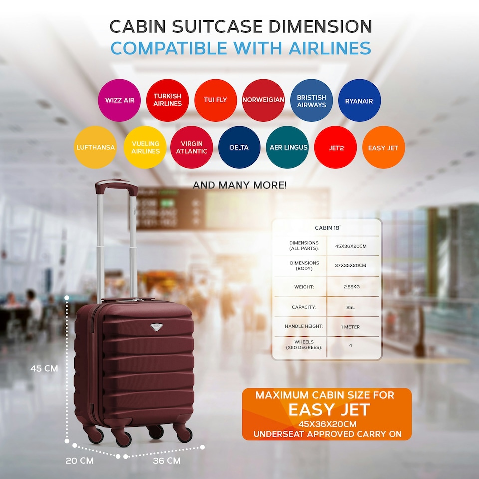 image 1 of 45x36x20cm EasyJet Free Underseat Carry-On Cabin Bag - Lightweight 4 Wheels ABS Hard Shell Suitcase Purple | Burgundy | Cabin Bag